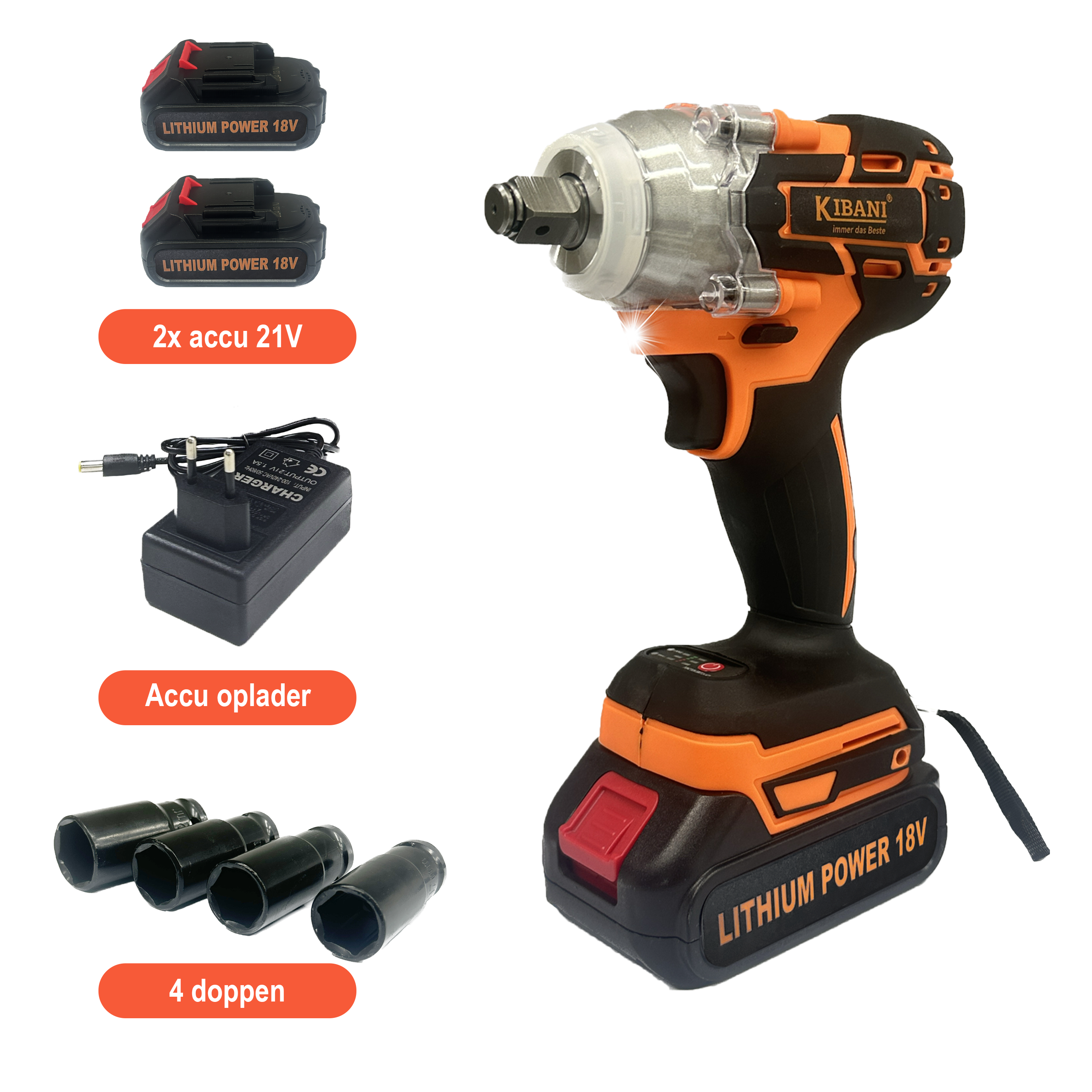 Kibani Accu Slagmoersleutel 18V – 2 accu’s